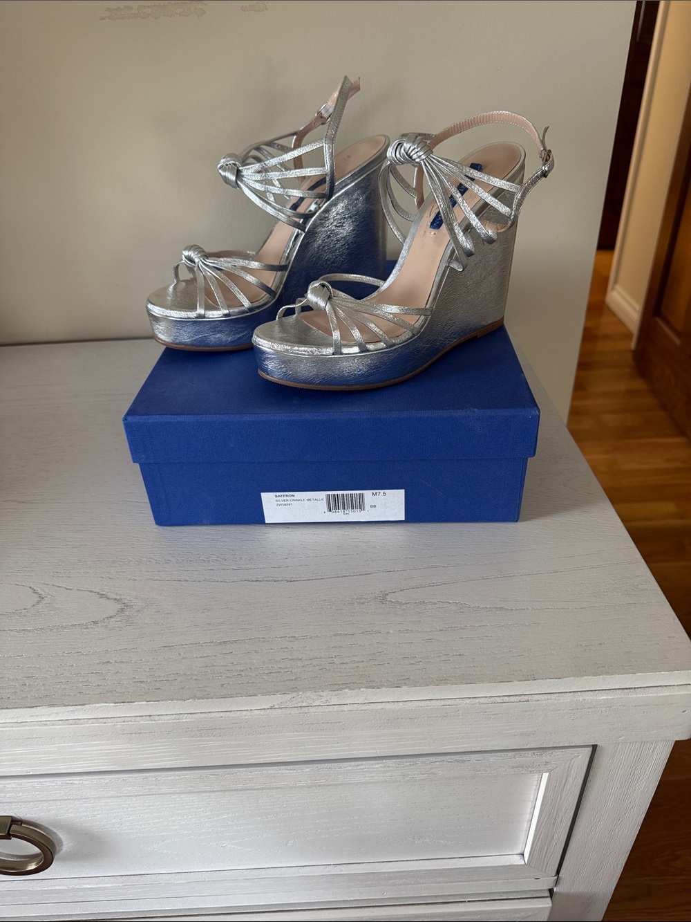 Stuart Weitzman Silver Metallic Saffron Strappy Wedge Sandals